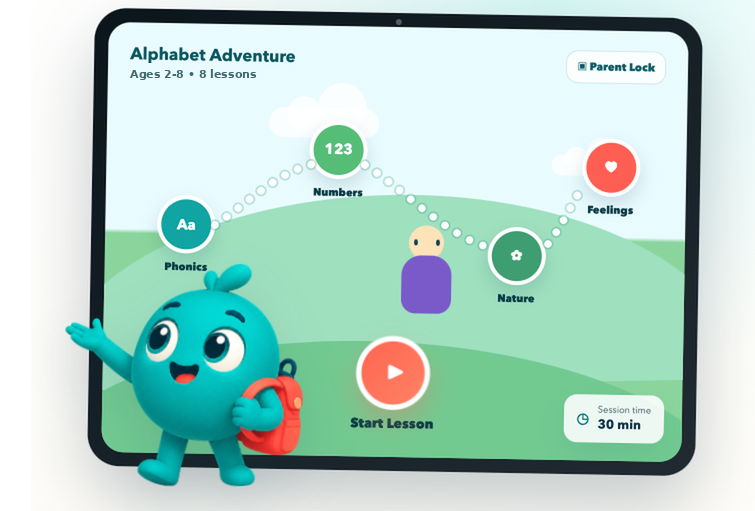 Parent preview of an Alphabet Adventure learning trail with connected Phonics, Numbers, Nature, and Feelings stops, session controls, and the Channel Immersion Kids guide character